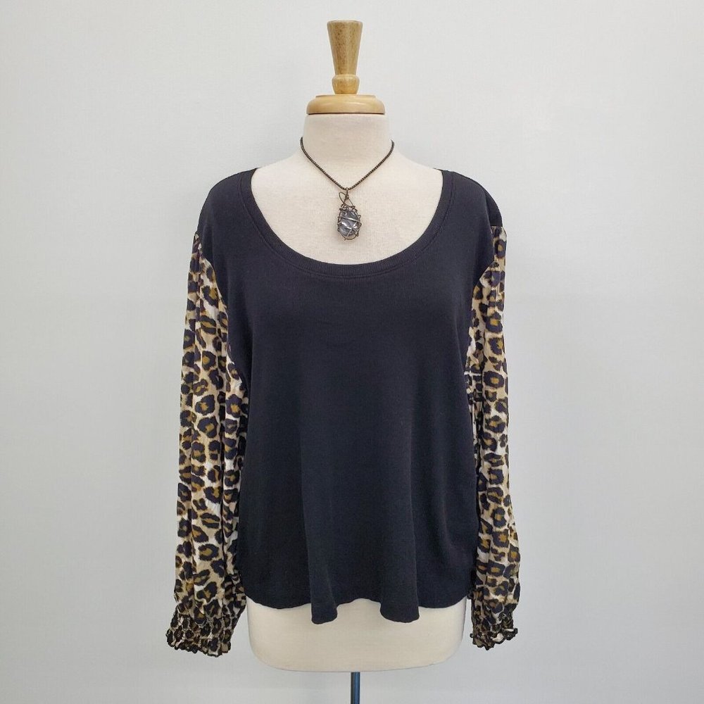Black Leopard Print Scoop Neck Top Womens Plus 3X Long Sleeve DKNY Animal Print